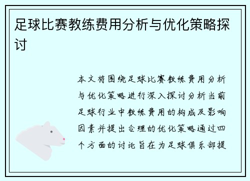 足球比赛教练费用分析与优化策略探讨