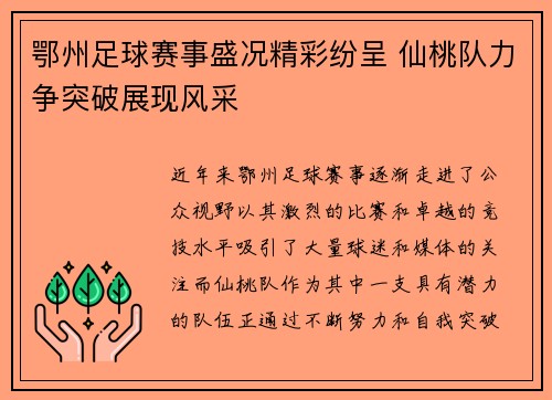 鄂州足球赛事盛况精彩纷呈 仙桃队力争突破展现风采
