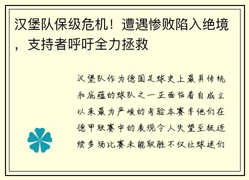汉堡队保级危机！遭遇惨败陷入绝境，支持者呼吁全力拯救