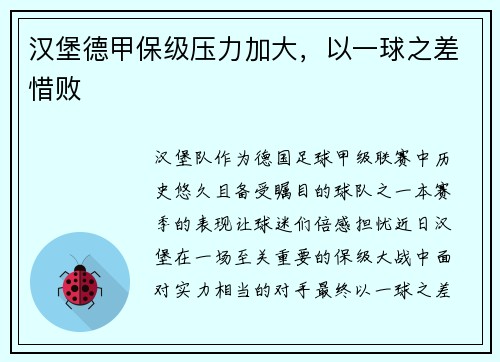 汉堡德甲保级压力加大，以一球之差惜败