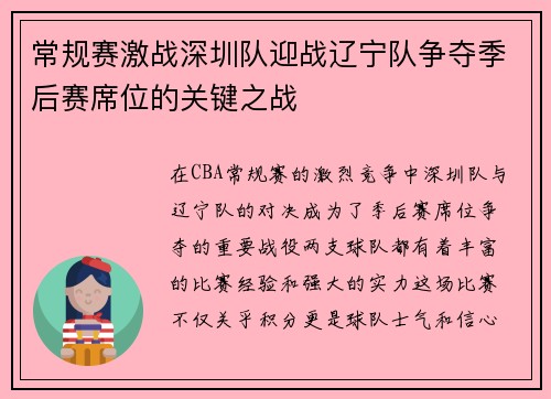 常规赛激战深圳队迎战辽宁队争夺季后赛席位的关键之战