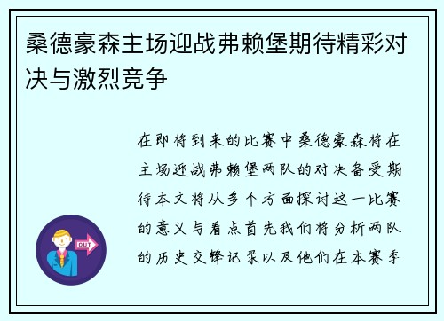 桑德豪森主场迎战弗赖堡期待精彩对决与激烈竞争