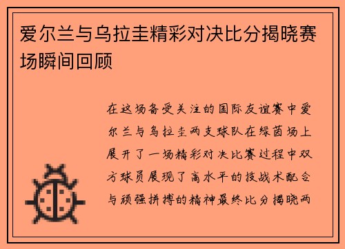 爱尔兰与乌拉圭精彩对决比分揭晓赛场瞬间回顾