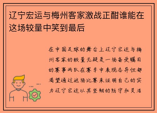 辽宁宏运与梅州客家激战正酣谁能在这场较量中笑到最后