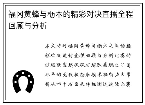 福冈黄蜂与枥木的精彩对决直播全程回顾与分析