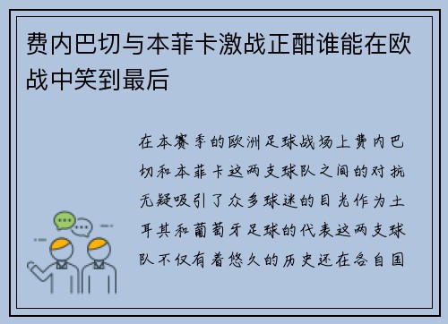 费内巴切与本菲卡激战正酣谁能在欧战中笑到最后