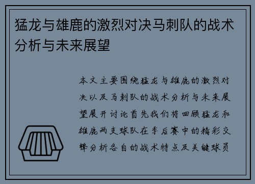 猛龙与雄鹿的激烈对决马刺队的战术分析与未来展望