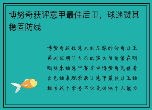 博努奇获评意甲最佳后卫，球迷赞其稳固防线