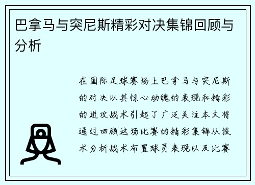 巴拿马与突尼斯精彩对决集锦回顾与分析