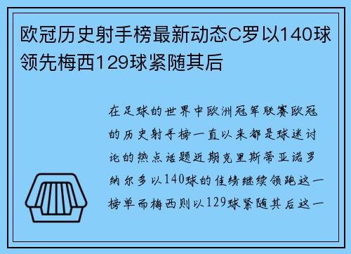 欧冠历史射手榜最新动态C罗以140球领先梅西129球紧随其后