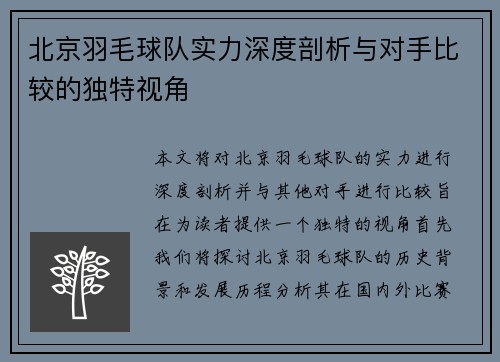 北京羽毛球队实力深度剖析与对手比较的独特视角