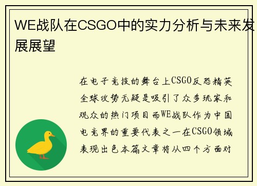 WE战队在CSGO中的实力分析与未来发展展望