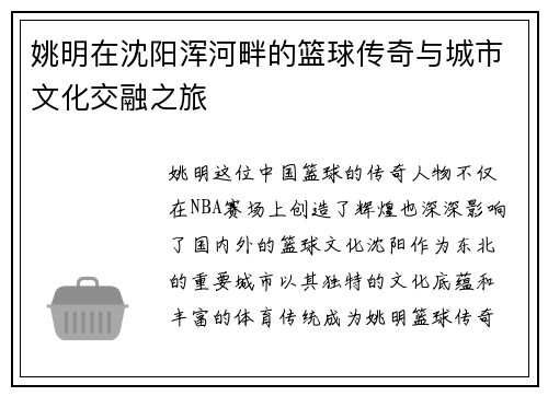姚明在沈阳浑河畔的篮球传奇与城市文化交融之旅